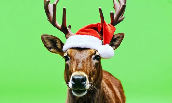 A deer with a red hat on its head. The hat has a white santa hat on it