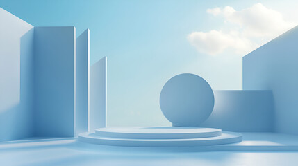 Minimalistic blue podium, stage, product display pedestal, empty, glossy, round, Podium for product display minimal geometric design,3D rendering ,Empty stage with white podium
