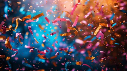 Colorful confetti falling against a vibrant background during a lively celebration at night