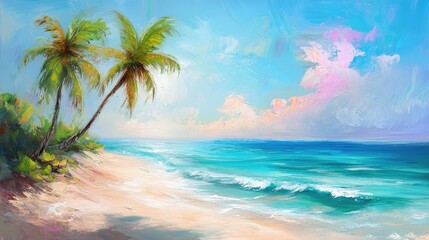 Oil painting depicting a serene beach scene ideal for relaxation and travel featuring palm trees and a vibrant seaside atmosphere perfect for a banner or vacation themed background