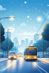 Obraz premium A vibrant city scene featuring a tram on a snowy street, illuminated by streetlights and surrounded by modern buildings.