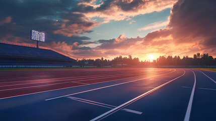 Pristine Running Track in stadium on the evening with sunset