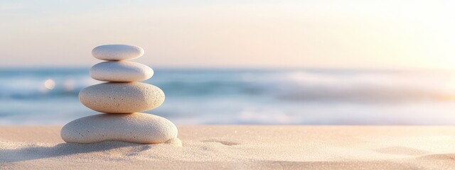  A stack of rocks atop a sandy beach, facing the ocean and a body of water