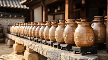 27. A close-up of a Korean jangdokdae, with rows of earthenware fermentation jars for kimchi and soy sauce, placed on a stone platform in a traditional courtyard