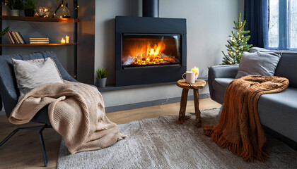Fototapeta premium A stylish electric fireplace with a glowing flame effect, set in a modern living room decorated for winter. 