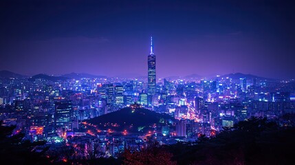 22. A scenic view of Seoul s skyline at night, with modern skyscrapers illuminated by city lights, and the iconic Namsan Tower glowing against the dark sky