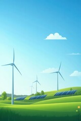 Fototapeta premium A vibrant landscape featuring wind turbines and solar panels under a clear blue sky, symbolizing renewable energy and sustainability.