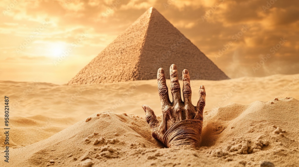 Wall mural a mummy hand is buried in the sand next to a pyramid. the scene is set in a desert, with the sun shi