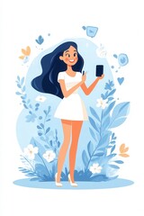 Cheerful woman using smartphone amidst lush greenery, embodying technology and nature in a vibrant, modern illustration.