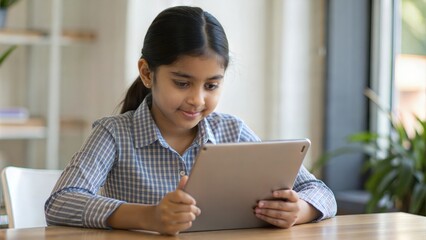 An Indian student using a tablet device for e-learning, showcasing the integration of technology in education.