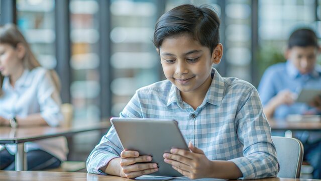 An Indian student using a tablet device for e-learning, showcasing the integration of technology in education.