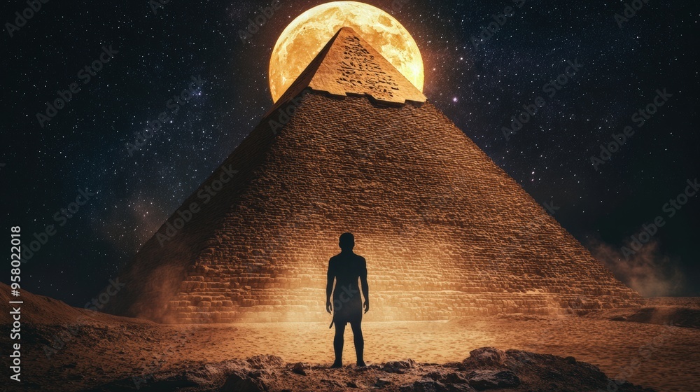 Poster a man stands in front of a pyramid with a large moon in the background