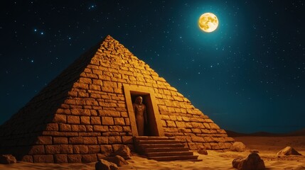 A pyramid in the desert at night. The moon is on the sky