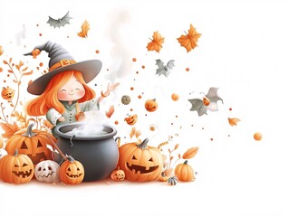 Fototapeta premium A whimsical witch stirring a cauldron surrounded by floating pumpkins and Halloween decorations. The white space around the design creates a depth of field effect. The design element is isolated on a 