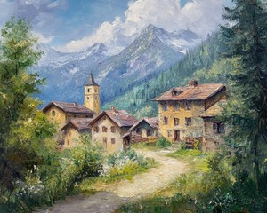 Oil painting depicting a quaint historic village set in mountainous terrain