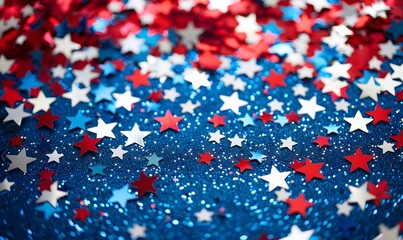 Background of red, white, and blue sparkling glitter scattered with shiny stars confetti. 4th of July celebration background. 