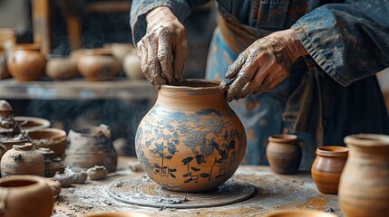 42. A traditional Korean pottery wheel, with a potter s hands shaping a clay vase, surrounded by finished ceramic pieces and a backdrop of a rustic workshop