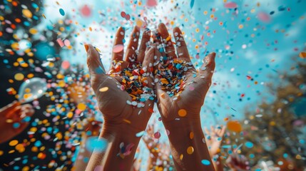 Hands raised joyfully in celebration as colorful confetti falls against a bright blue sky during a festive outdoor event
