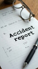 Accident report form with pen and eyeglasses on wooden desk