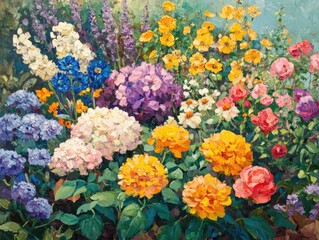 Vibrant oil painting showcasing a diverse mix of colorful spring flowers in a blooming flower bed design