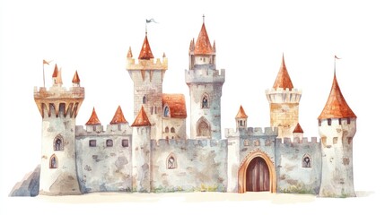 Obraz premium Stunning Watercolor Castle Illustration: A Whimsical Journey into Medieval Architecture
