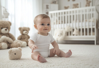 A cute boy in a gray and white striped shirt is sitting on the rug in front of his crib, surrounded by two big teddy bears with big eyes