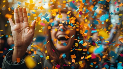 Obraz premium A joyful celebration with colorful confetti cascading over a young woman smiling and waving at an outdoor event during daytime