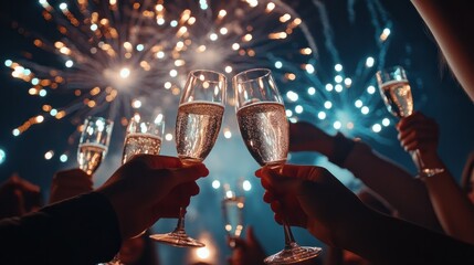 A group of young friends toasting with champagne flutes, surrounded by sparkling fireworks, capturing the excitement and celebration of the New Year. Generative Ai