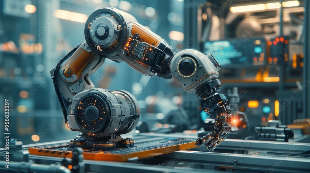 Aufkleber ai and iot-powered factory, advanced robotics assembling parts, smart technology monitoring performa