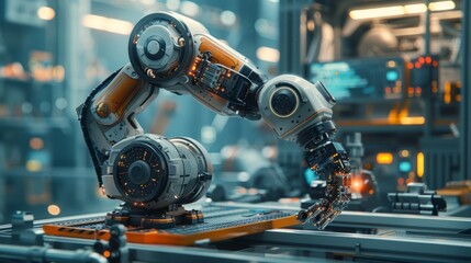 Obraz premium AI and IoT-powered factory, advanced robotics assembling parts, smart technology monitoring performance, high-tech industrial design