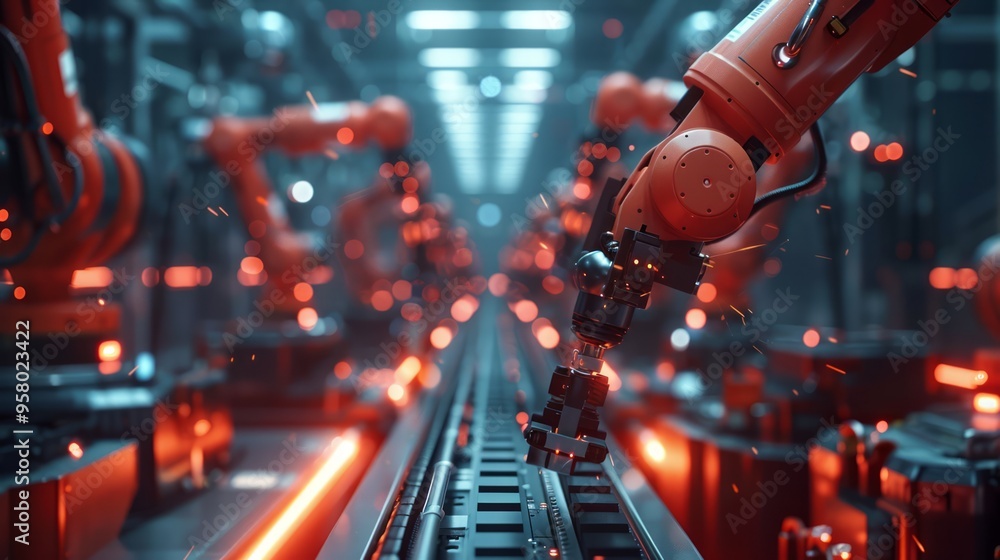 Poster ai and iot-powered factory, advanced robotics assembling parts, smart technology monitoring performa