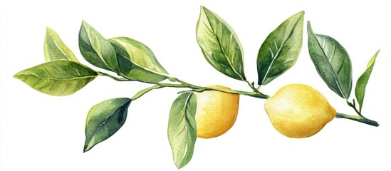 Vibrant Watercolor Illustration of a Lemon Branch with Green Leaves
