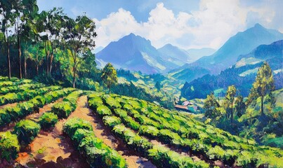 Oil painting depicting a lush tea plantation showcasing the vibrant greenery and serene landscape of a tea garden