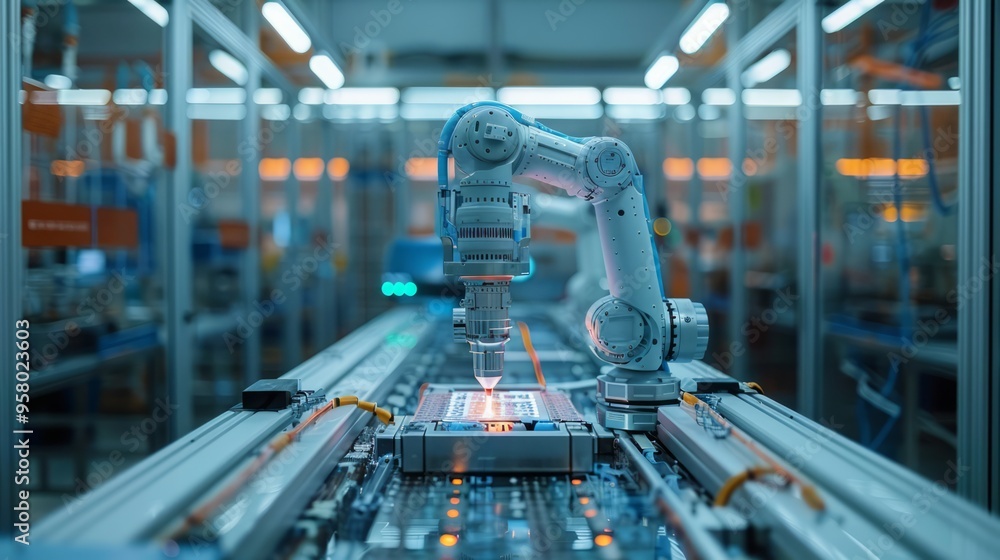 Poster ai and iot-powered factory, advanced robotics assembling parts, smart technology monitoring performa