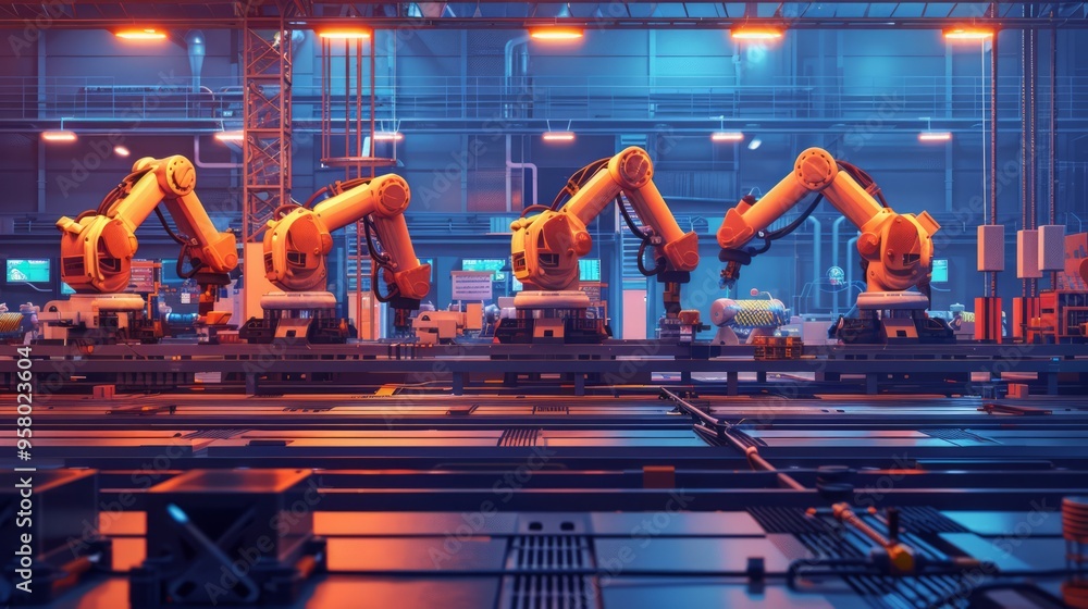 Poster ai and iot-powered factory, advanced robotics assembling parts, smart technology monitoring performa