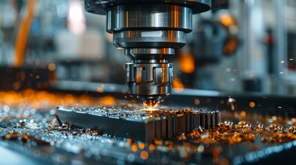 Close-up of a CNC machine cutting metal in a modern manufacturing plant, precision engineering, industrial technology, focused operation