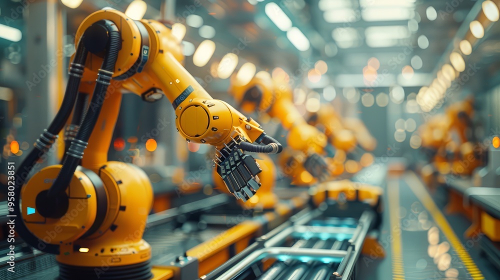 Poster busy factory floor with workers in safety helmets and gloves operating advanced robotics, efficient 