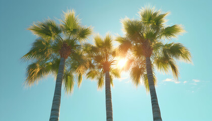 Obraz premium Three palm trees silhouetted against a bright blue sky, with the sun shining through the leaves.
