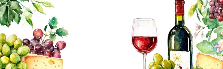 Delightful Wine and Cheese Pairing with Fresh Grapes in a Watercolor Composition