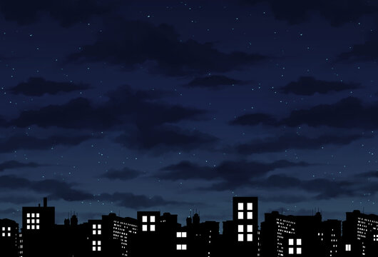 夜空　夜景　素材　街並み　ビル群　大都市　商業ビル　繁華街　照明　電気　シンプル　挿絵　ポストカード　ポスター