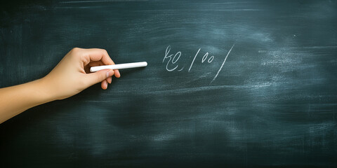 Hand Holding White Crayon Writing on Blackboard in Creative Classroom Setting. Close-up of Fingers Gripping Crayon While Drawing and Writing Chalk-like Text on Dark Background. Artistic Handwriting Co
