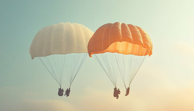 Two parachutes in the sky, one white, one orange, with people silhouetted against the sunset.