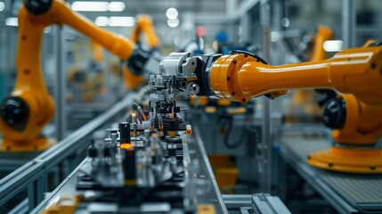 Naklejka premium Close-up of robotic arms assembling products in a manufacturing plant, precision engineering, cutting-edge technology, industrial automation