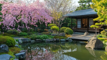 Naklejka premium Japanese Garden with Cherry Blossoms and Pond