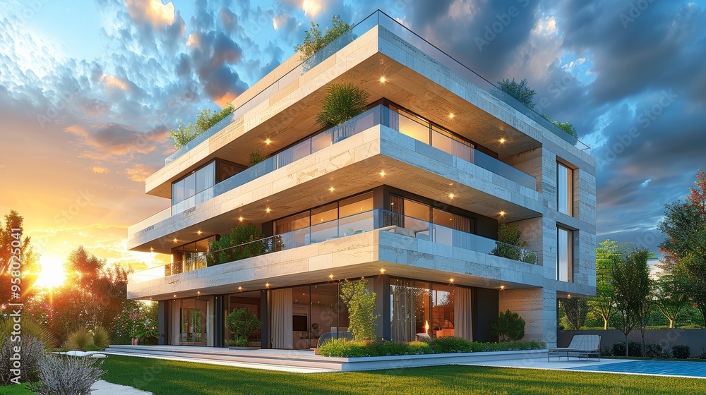 Poster modern architectural design of a multi-level house with expansive windows at sunset