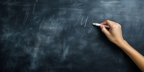 Hand Holding White Crayon Writing on Blackboard in Creative Classroom Setting. Close-up of Fingers Gripping Crayon While Drawing and Writing Chalk-like Text on Dark Background. Artistic Handwriting Co
