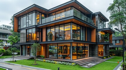 Modern architectural masterpiece featuring glass and wooden elements in a beautifully landscaped garden during twilight