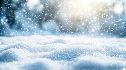 Naklejka premium beautiful white empty winter idyll, shiny snowflakes on blurred winter landscape, christmas background with advertising space on snow cover, holiday season backdrop