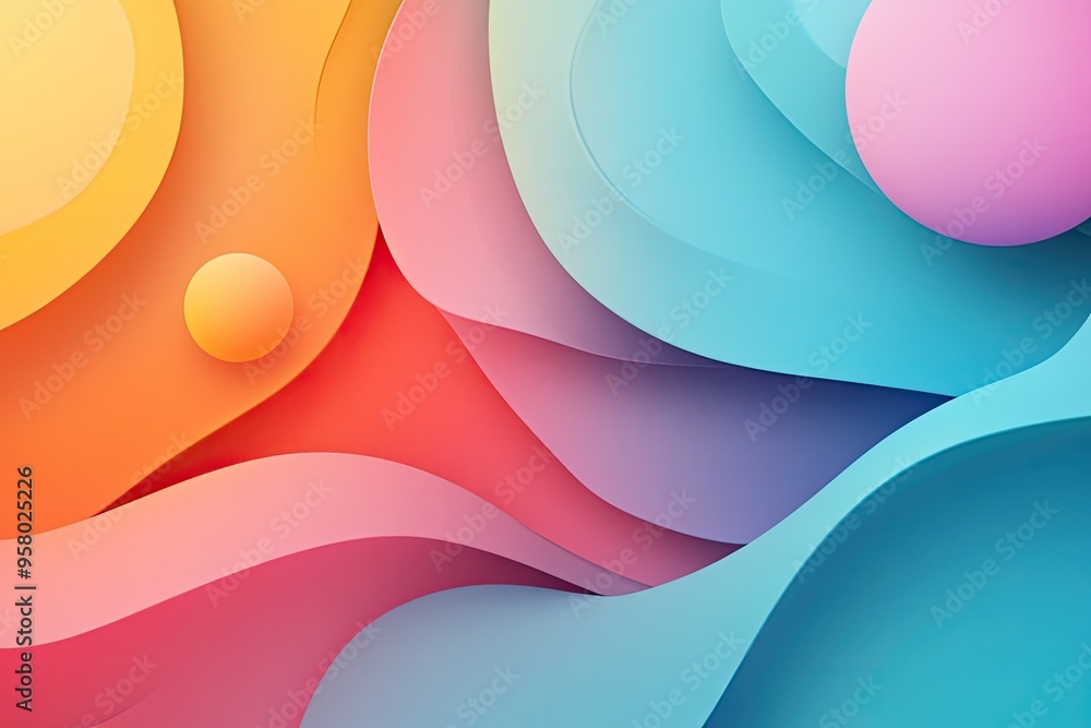 Poster vibrant abstract illustration featuring layered waves and spheres in various colors, creating a dyna