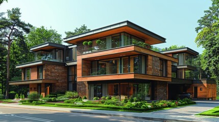 Naklejka premium Modern architectural masterpiece featuring wooden elements and expansive glass windows in a serene suburban setting